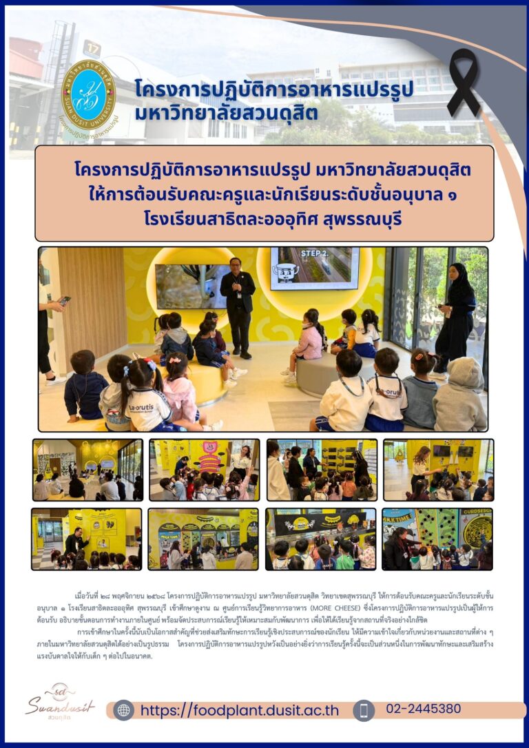 โครงการปฏิบัติการอาหารแปรรูป มหาวิทยาลัยสวนดุสิต ให้การต้อนรับคณะครูและนักเรียนระดับชั้นอนุบาล ๑ โรงเรียนสาธิตละอออุทิศ สุพรรณบุรี