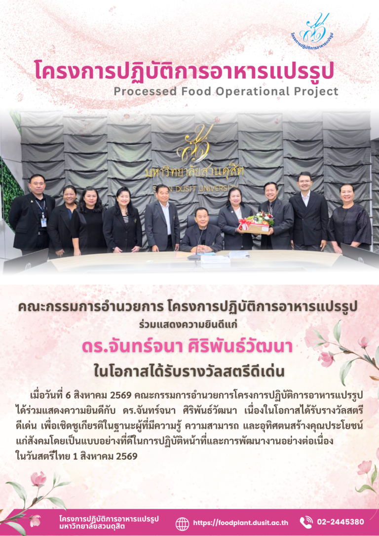 คณะกรรมการอำนวยการ โครงการปฏิบัติการอาหารแปรรูป ร่วมแสดงความยินดีแก่ ดร.จันทร์จนา ศิริพันธ์วัฒนา ในโอกาสได้รับรางวัลสตรีดีเด่น